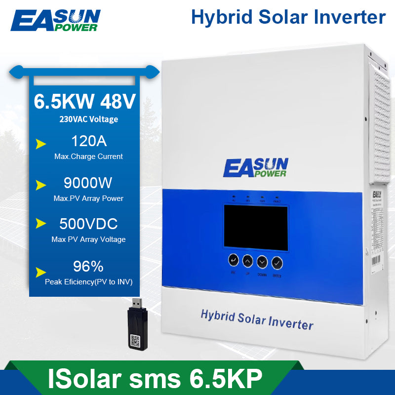 Invertor hibrid/off-grid 6.5 KP 48 V, undă sinusoidală pură, MPPT 120 A, Wi-Fi | EASUN