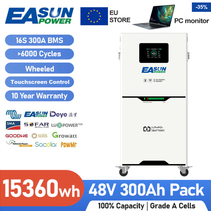 Baterie solară de perete Easun 15kWh 51.2V 300Ah LiFePO4 – Backup pentru acasă și în afara rețelei, urgențe, camping