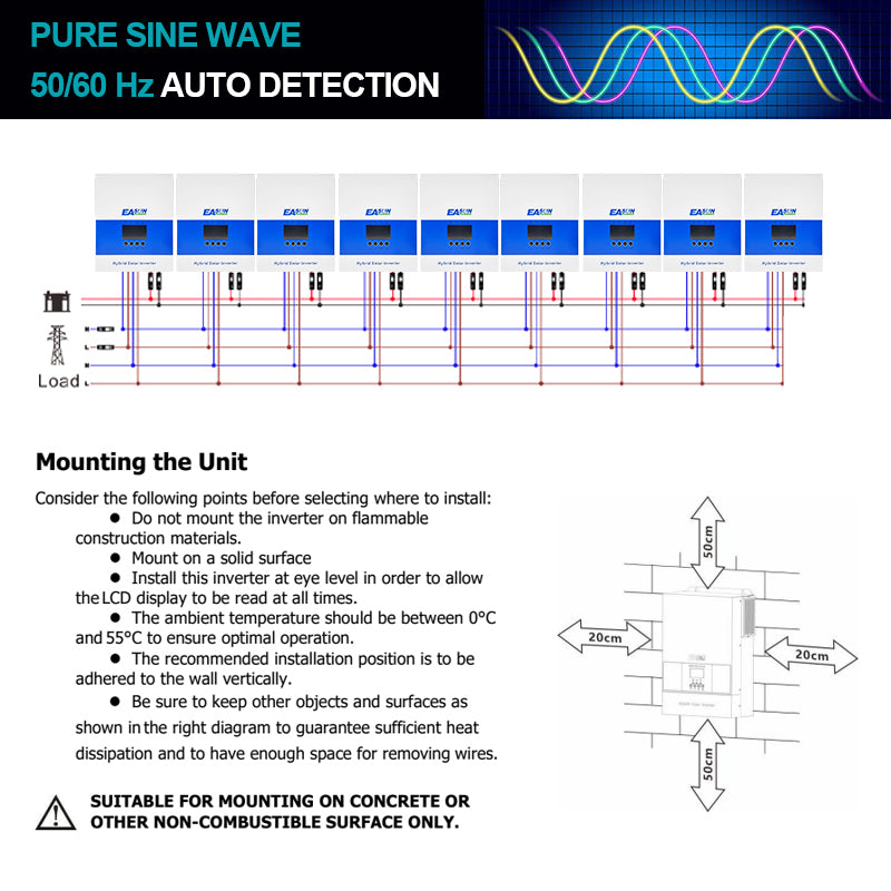 Invertor hibrid/off-grid 6.5 KP 48 V, undă sinusoidală pură, MPPT 120 A, Wi-Fi | EASUN