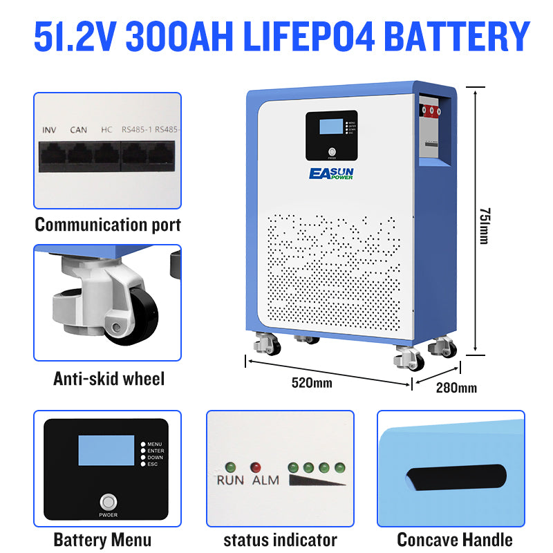 Baterie LiFePO4 48 V (51,2 V) 300 Ah ~15 kWh pentru stocare fotovoltaică rezidențială | EASUN POWER